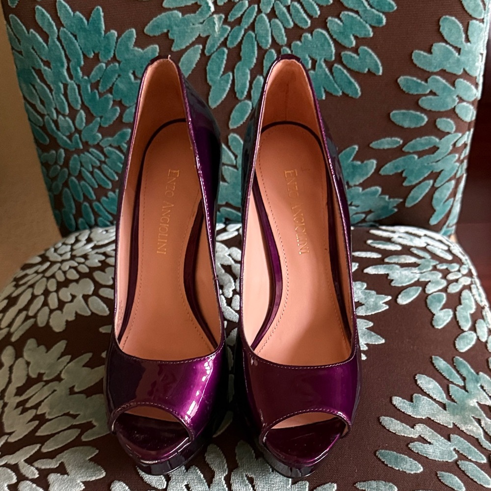 Enzo Angiolini Glossy Purple Peep-Toe Heels
